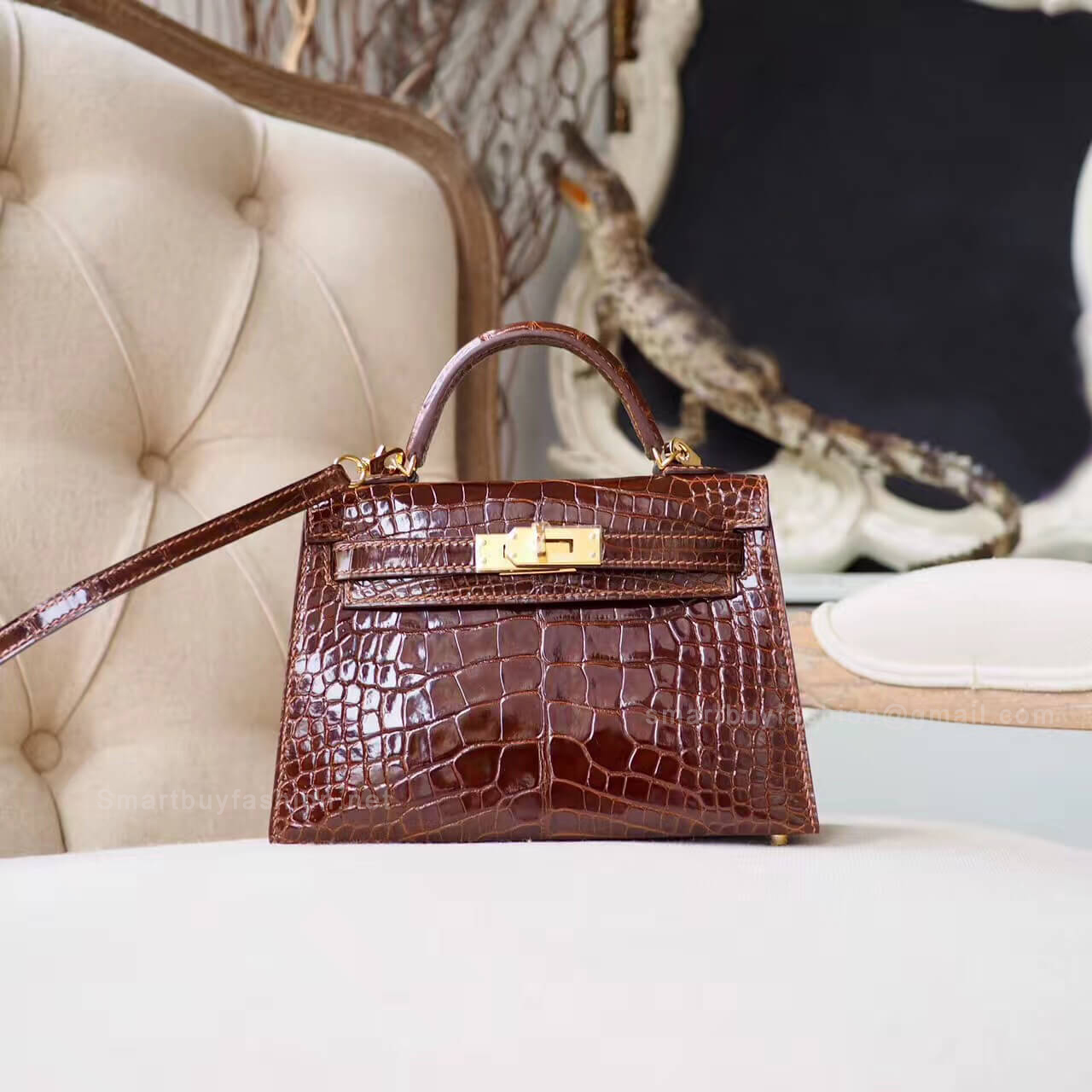 Hermes Mini Kelly II Bag in ck31 Miel Shiny Alligator GHW